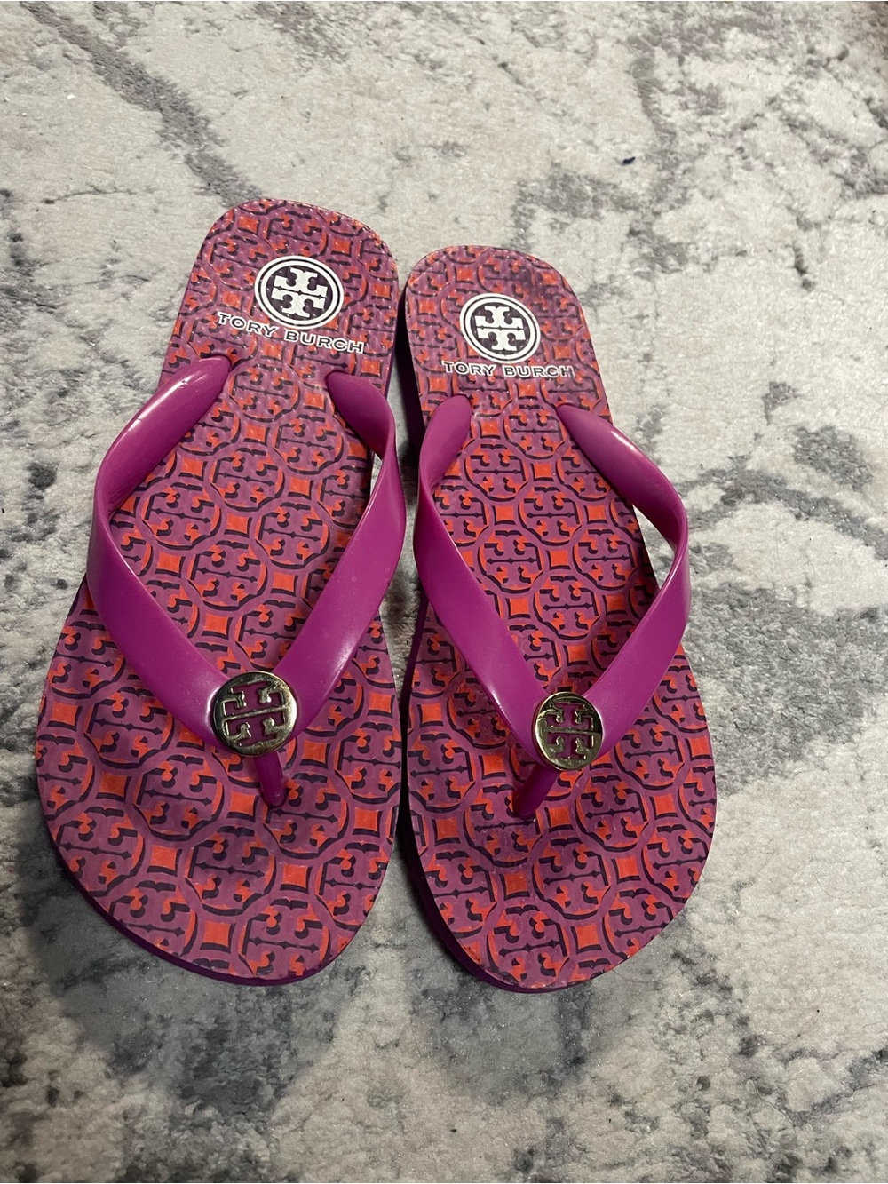 Tory Burch Magenta and Purple Patterned Logo Flip Flops
